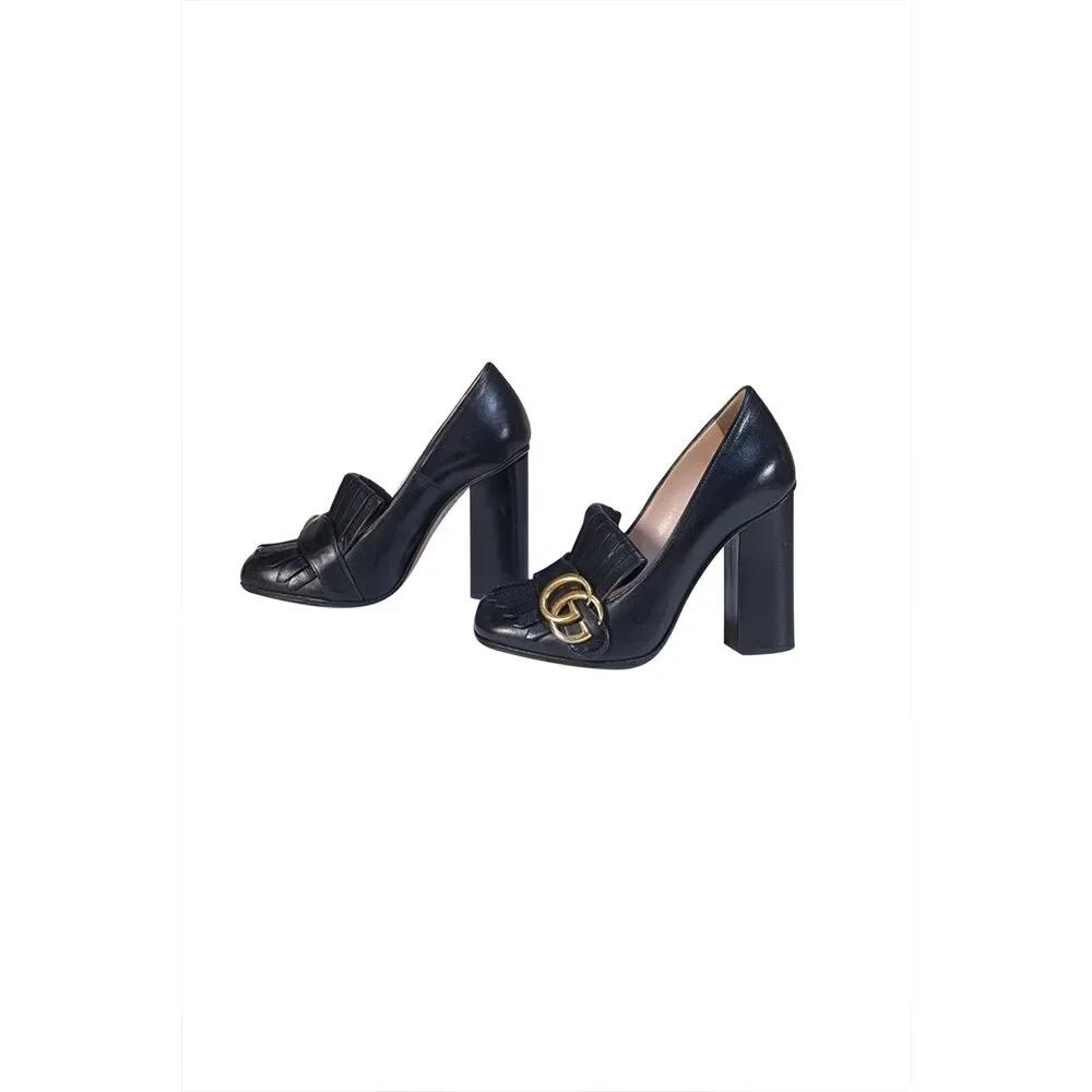 Gucci - Black Leather Marmont Logo Loafer Pumps Sz 4 - Picture 3 of 5